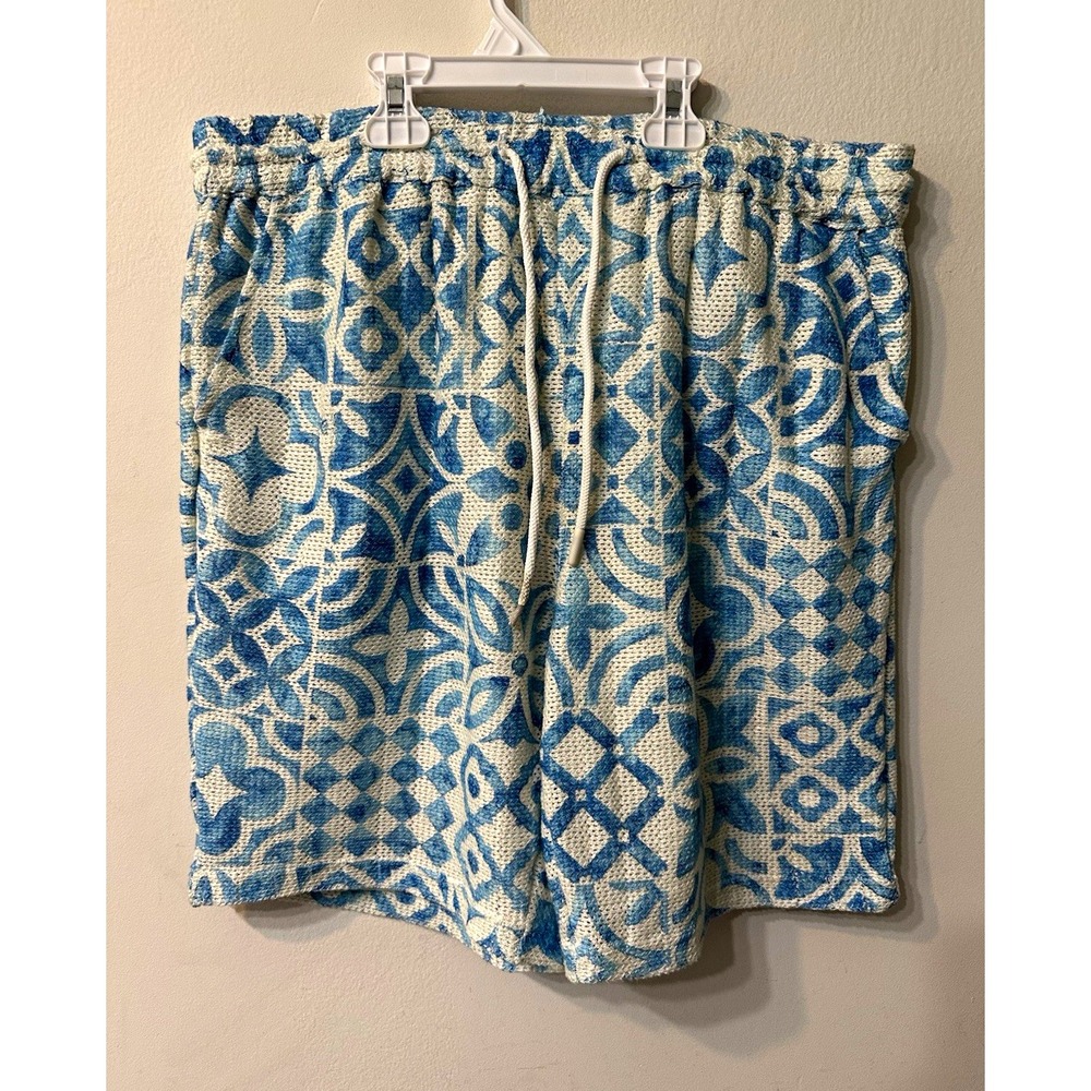 Zudio Mens 34 L Blue White Tile Print Knit Shorts Drawstring Lined Casual Summer